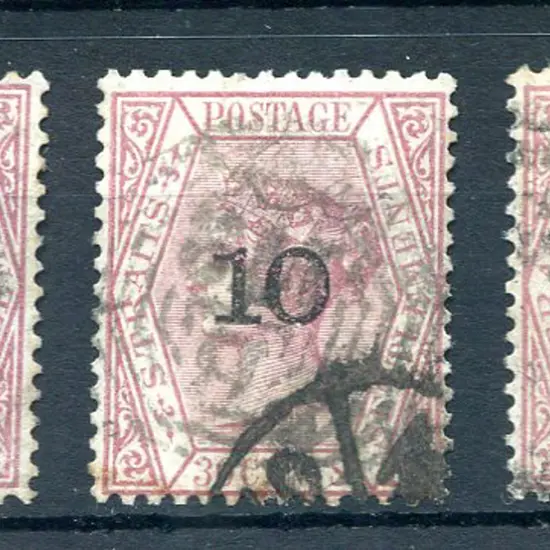1880 "10" surcharges on 30c claret x 3 with ovpt ...