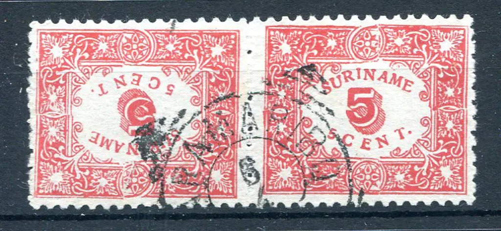 Suriname 1909 5¢ red tete-beche pair. F/U. SG ... Image 1++