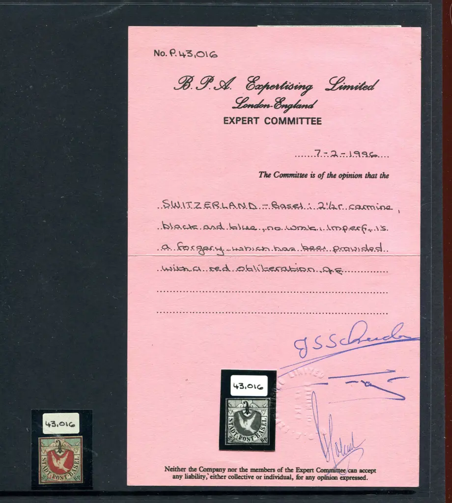 1850 2½r "Basel Dove" forgery with BPA Cert (1996) ... Image 1++