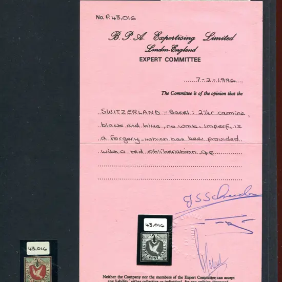 1850 2½r "Basel Dove" forgery with BPA Cert (1996) ...