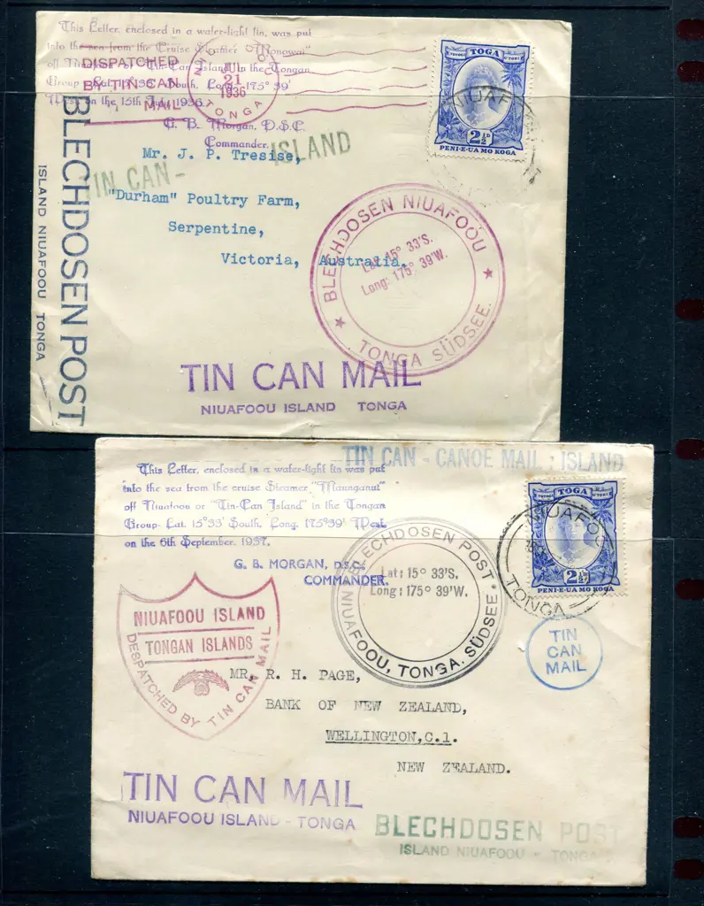 1936 (21st Jul) & 1937 (18th Sept) Tin Can Mail ex ... Image 1++