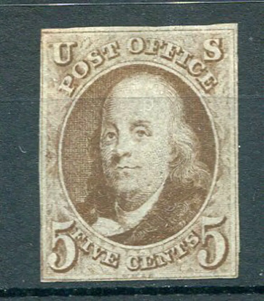 USA 1847 5¢ red-brown imperf on bluish paper with ... Image 1++