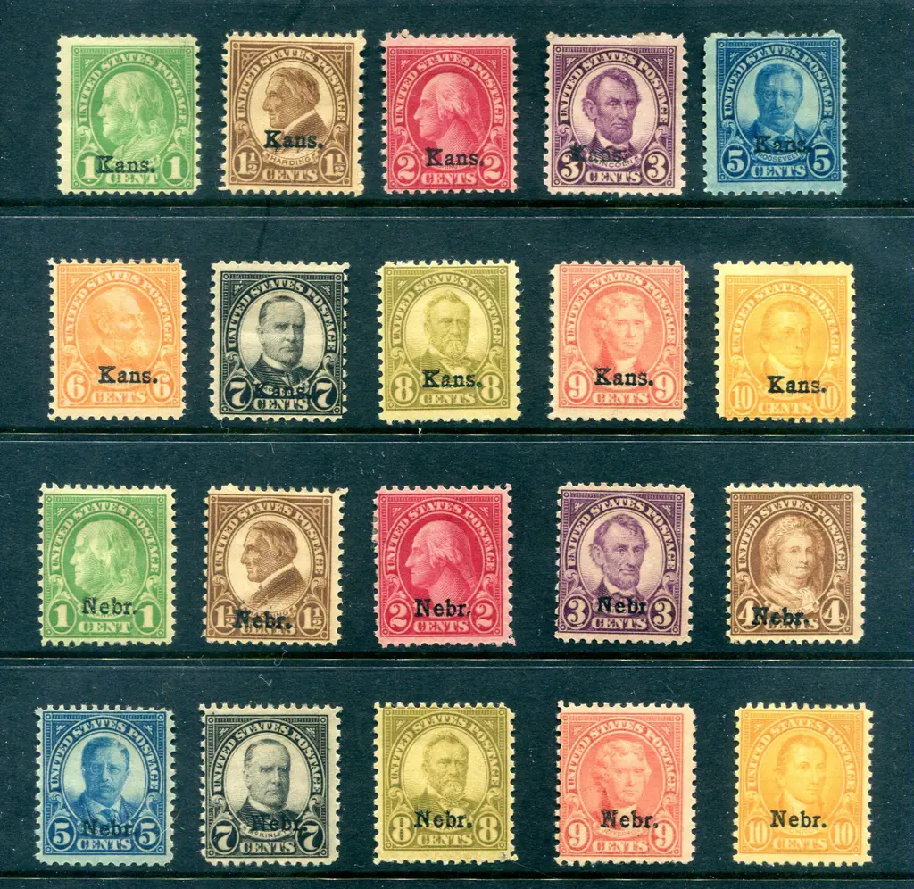 1929 1¢ to 10 "Kans." & "Nebr." ovptd sets (no 6¢ ... Image 1++