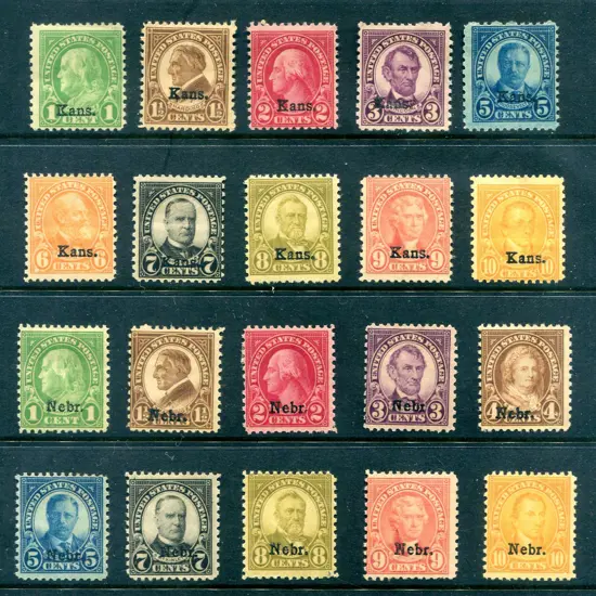 1929 1¢ to 10 "Kans." & "Nebr." ovptd sets (no 6¢ ...