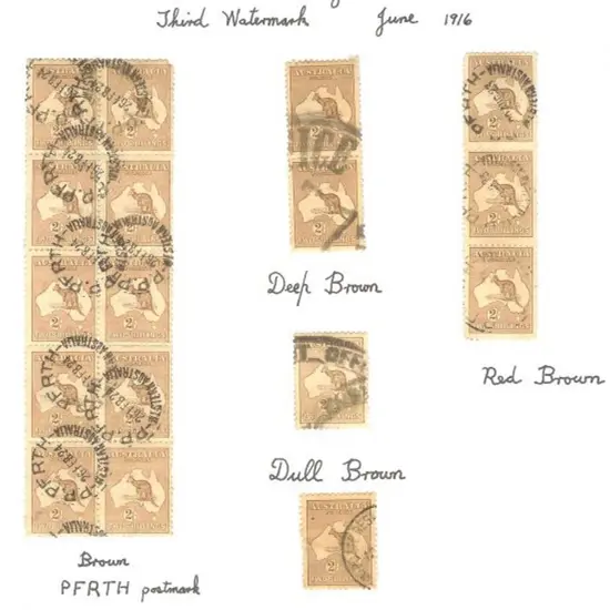 Kangaroos 2/- brown 1st wmk (3) & 3rd wmk (26 incl ...