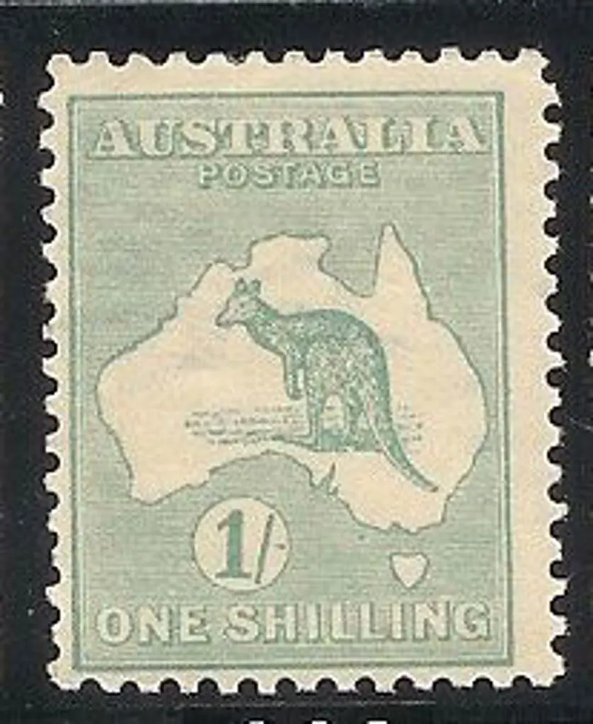 1927 1/- blue-green kangaroo Die IIB with sideways ... Image 1++