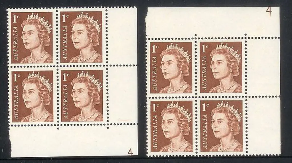 1966 1c brown QEII plate 4 in both upper and lower ... Image 1++