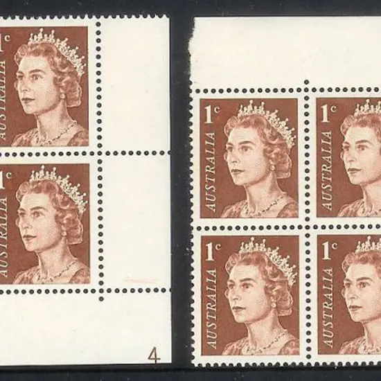 1966 1c brown QEII plate 4 in both upper and lower ...