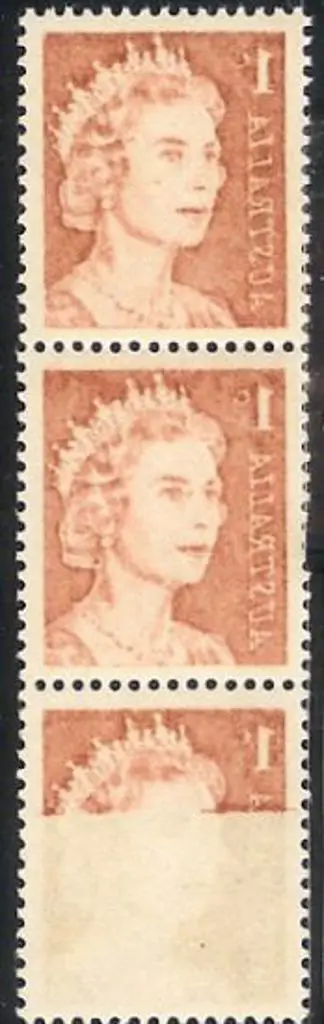 1966 1c brown QEII with strong offset in strip of ... Image 1++