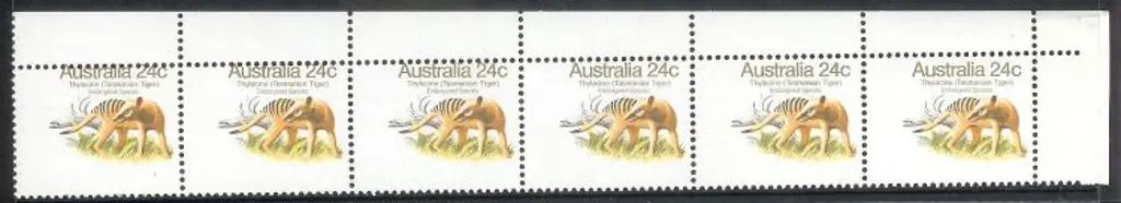1981 24c Thylacine top marginal strip of 5 with ... Image 1++
