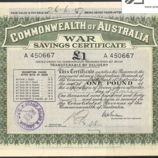 1940 issued £1 large cert for 7 years. Prefix ...