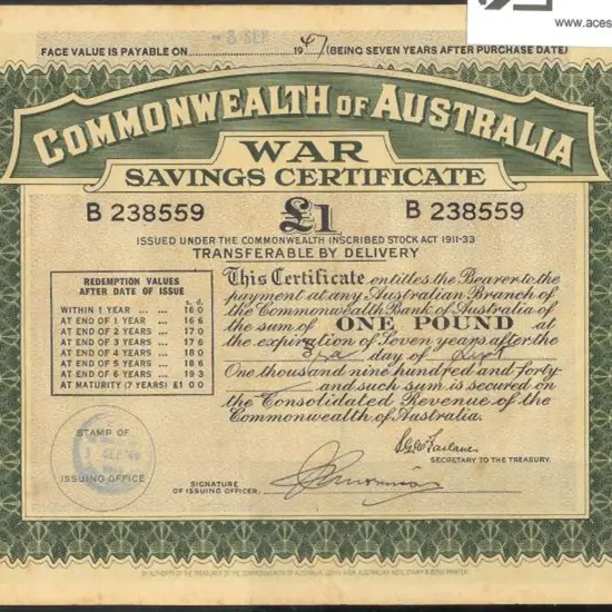 1940 issued £1 large cert for 7 years. Prefix ...