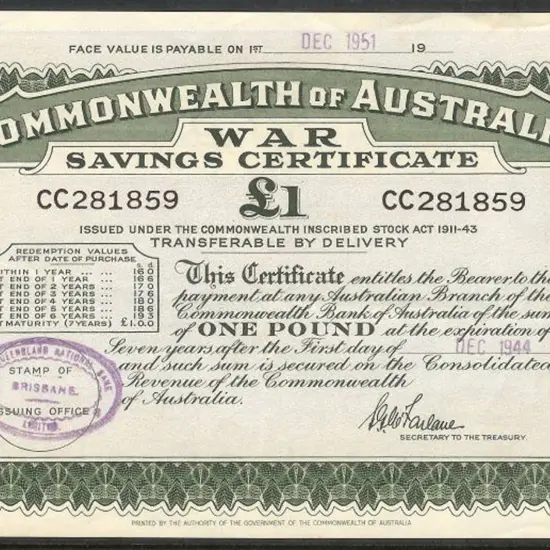 1944 issued £1 small cert for 7 years. Prefix CC ...