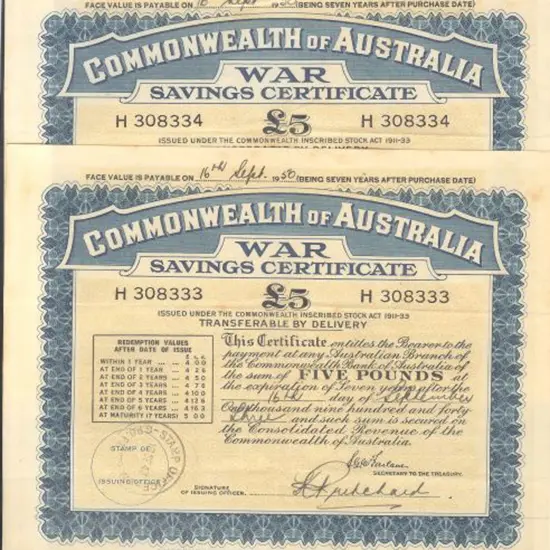 1943 issued £5 large cert for 7 years. Prefix ...