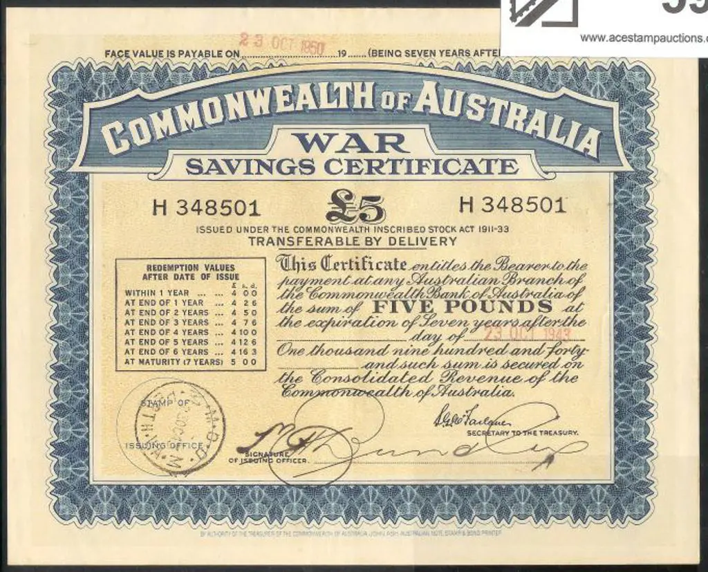 1943 issued £5 large cert for 7 years. Prefix ... Image 1++