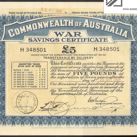1943 issued £5 large cert for 7 years. Prefix ...