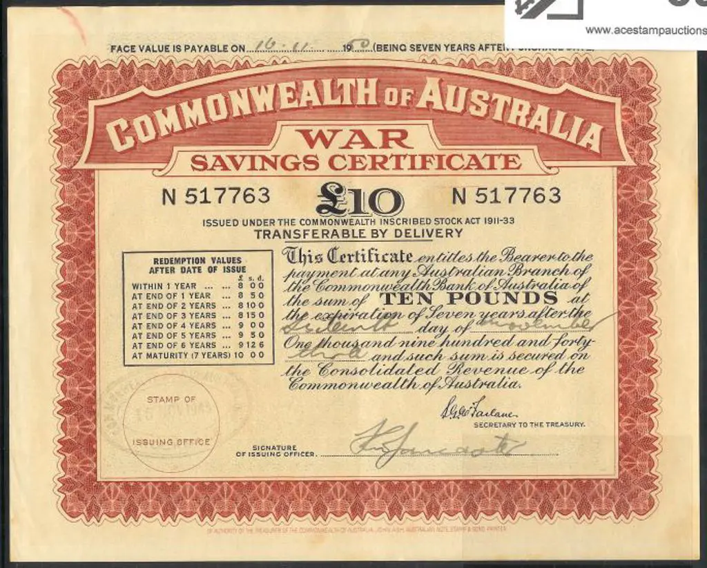 1943 issued £10 large cert for 7 years. Prefix ... Image 1++