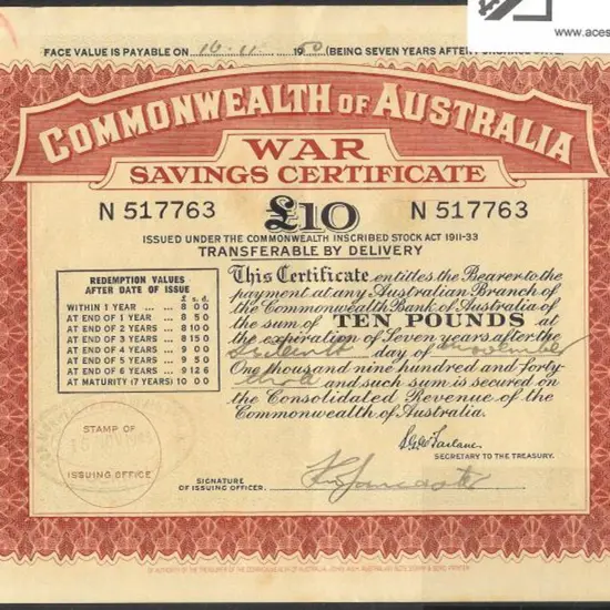 1943 issued £10 large cert for 7 years. Prefix ...