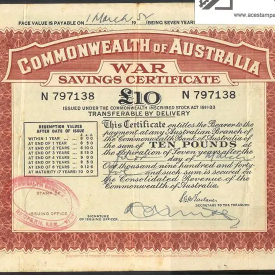 1945 issued £10 large cert for 7 years. Prefix ...
