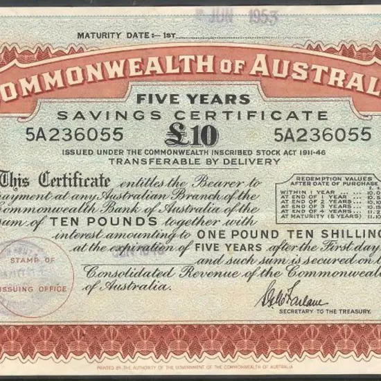 1948 issued £10 small cert for 5 years. Prefix 5A ...