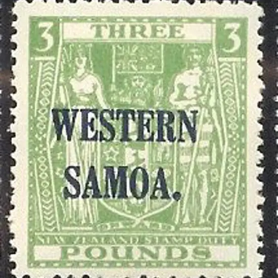 1948 £3 green ovpt ''WESTERN SAMOA'' in blue. ...