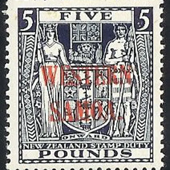 1948 £5 indigo-blue ovpt ''WESTERN SAMOA'' in red. ...