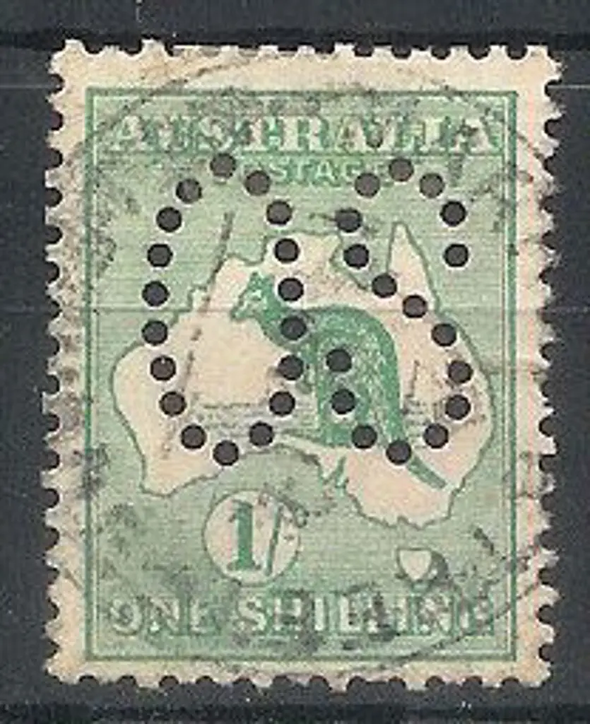 1913 1/- emerald kangaroo perfined large OS. F/U ... Image 1++
