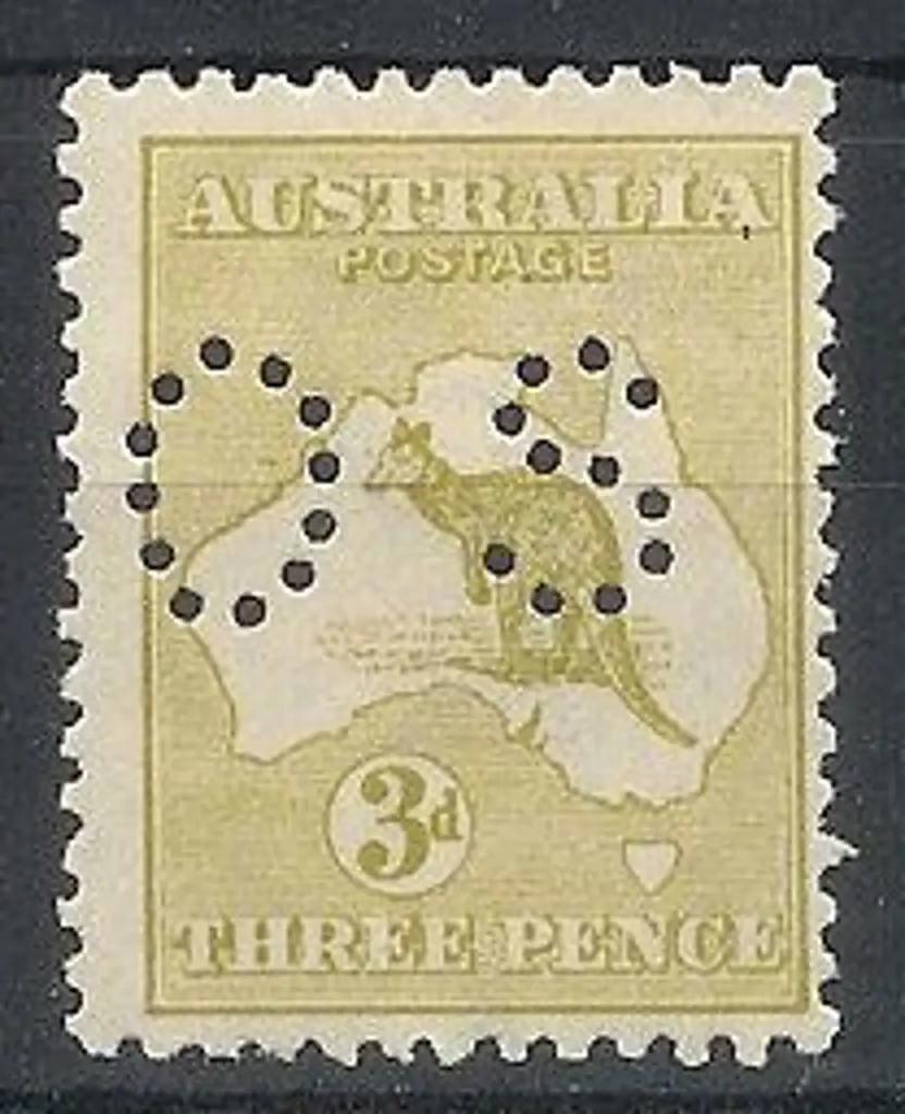 1915 3d yellow-olive kangaroo perfined OS. Centred ... Image 1++