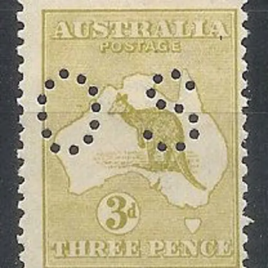 1915 3d yellow-olive kangaroo perfined OS. Centred ...