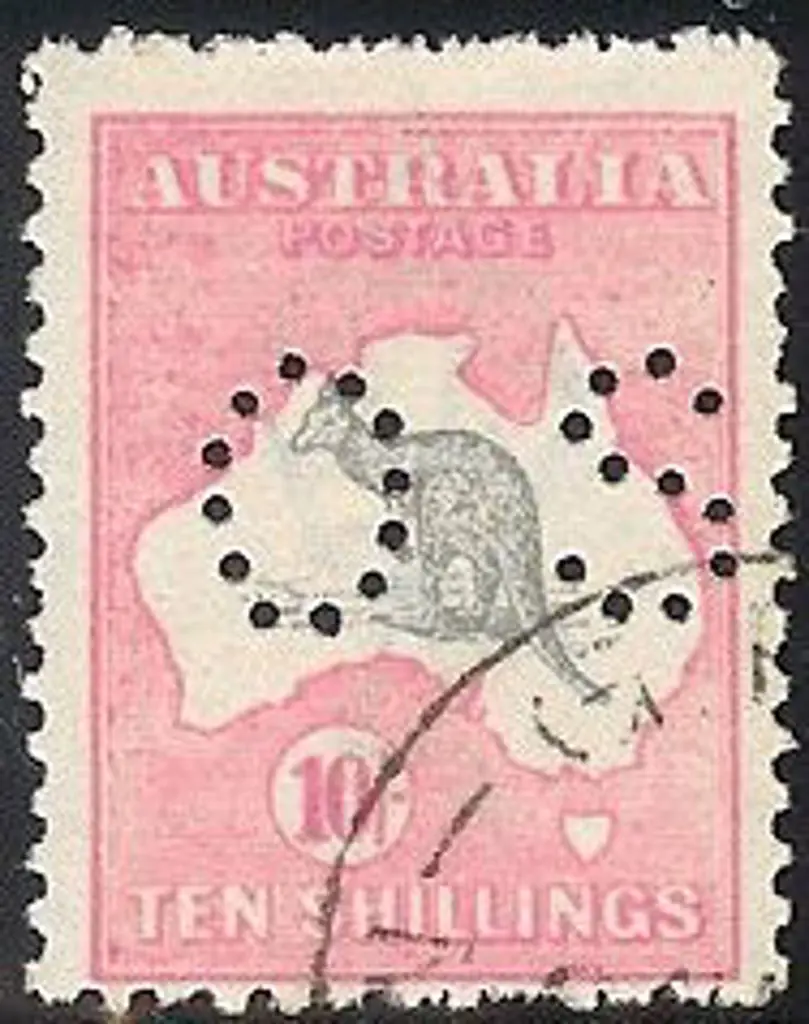 1915 10/- grey & pink kangaroo perfined OS. ... Image 1++