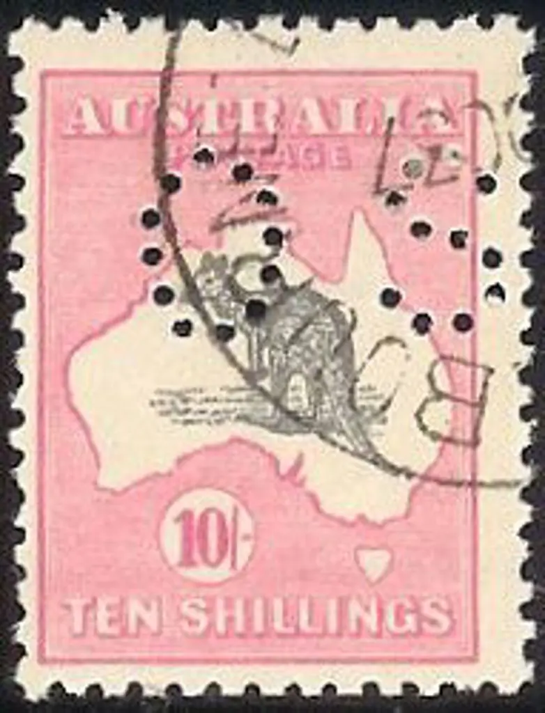 1917 10/- grey & pink kangaroo, perforated OS & ... Image 1++