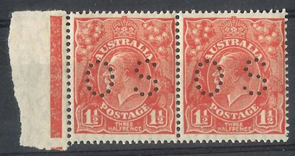1926 1½d scarlet KGV perfined OS. Marginal pair ... Image 1++
