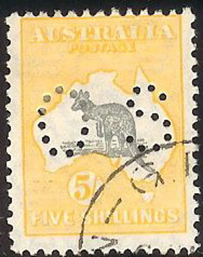 1929/30 5/- grey & yellow kangaroo perfined OS. ... Image 1++