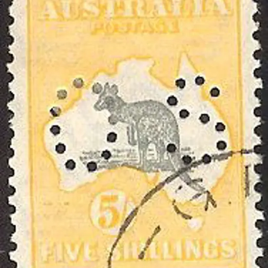 1929/30 5/- grey & yellow kangaroo perfined OS. ...