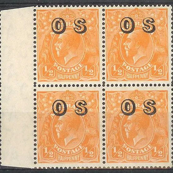 1931 ½d orange KGV marginal MUH block of 4, ...