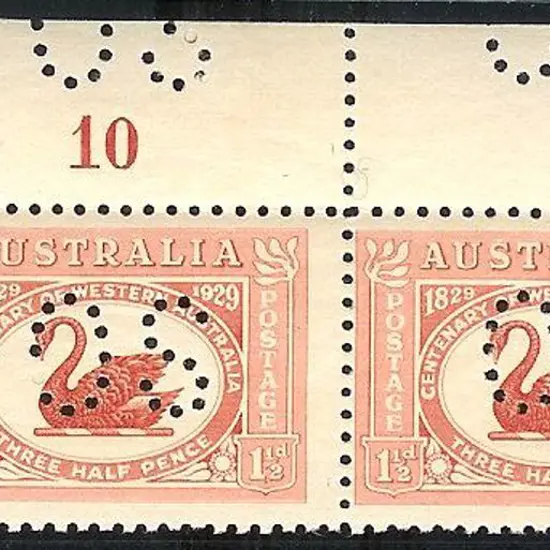 1929 1½d WA Centenary pl.10 horizontal pair with ...