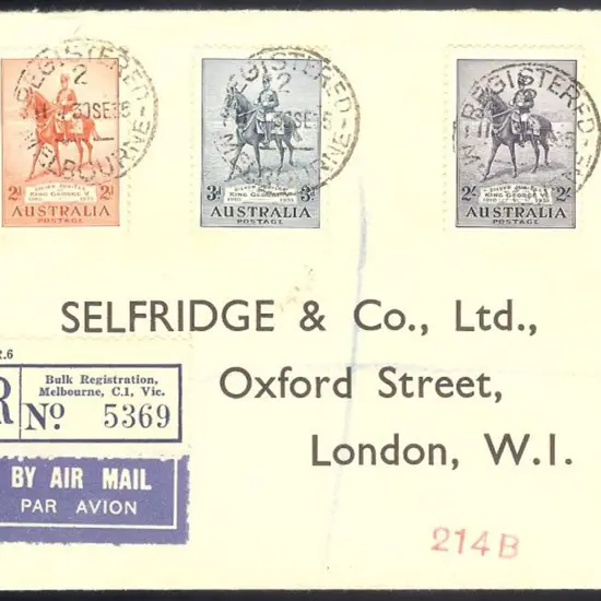1935 Silver Jubilee set of 3 on airmail Registered ...