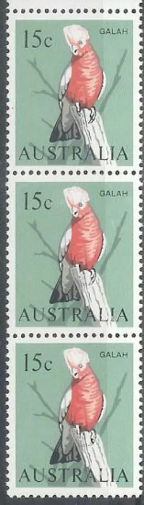 1966 15c Galah vertical strip of 3 with top ... Image 1++