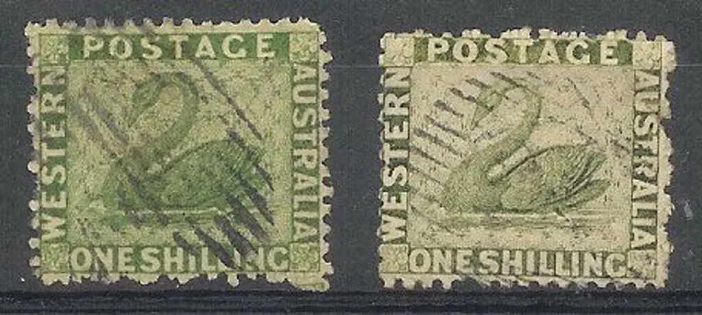 1865 1/- bright green & sage green swans. Both ... Image 1++