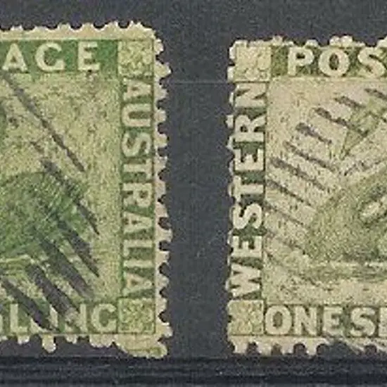 1865 1/- bright green & sage green swans. Both ...
