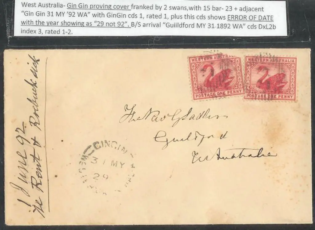 1892 (31st May) Gingin proving cover with two 1d ... Image 1++