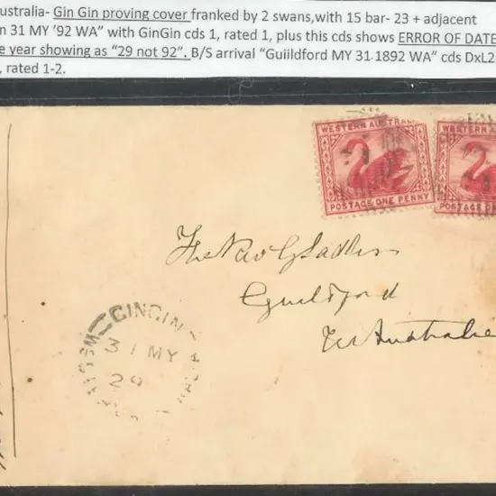 1892 (31st May) Gingin proving cover with two 1d ...