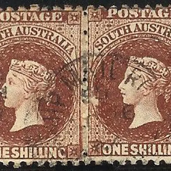 1870 1/- lake brown perf. 10 x 12½ pair with neat ...