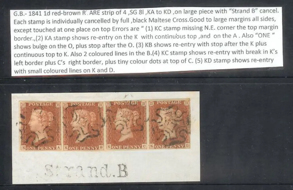 1840 1d red-brown QV imperf strip of 4 on large ... Image 1++