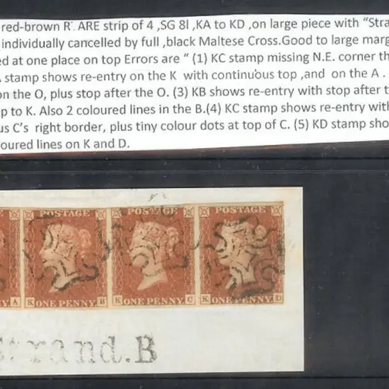 1840 1d red-brown QV imperf strip of 4 on large ...
