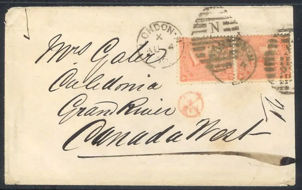 1865 4d vermilion Plate 8 pair on envelope ... Image 1++