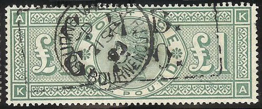 1891 £1 green QV F/U with “Bournemouth 21 SP ‘91” ... Image 1++