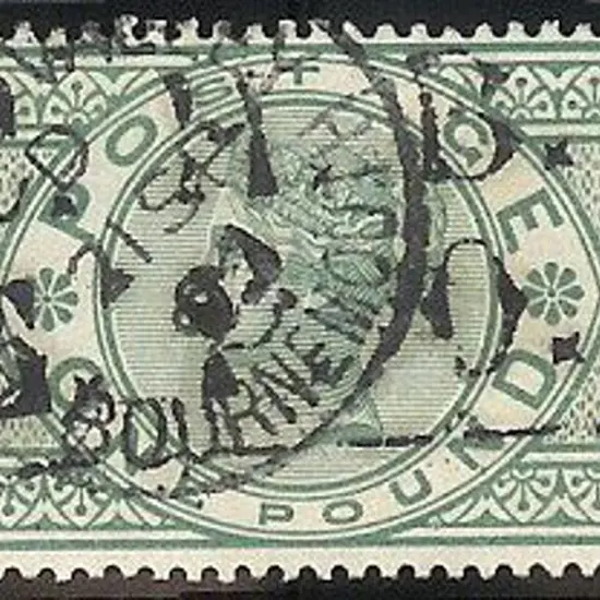 1891 £1 green QV F/U with “Bournemouth 21 SP ‘91” ...