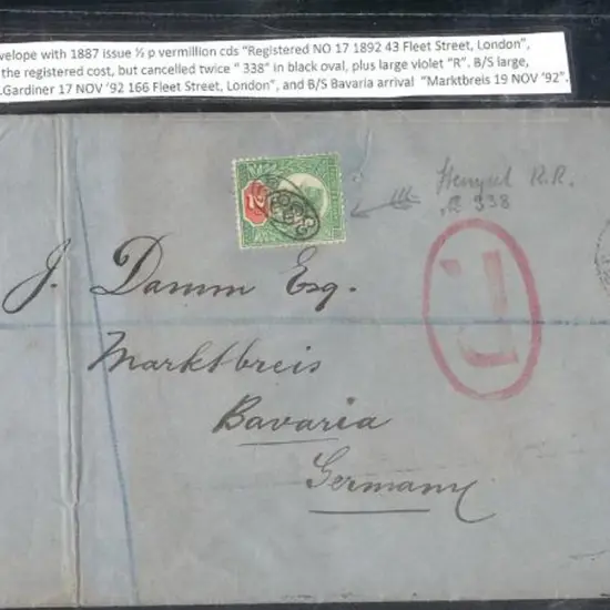 1892 (17th Nov) long envelope with ½d vermilion ...