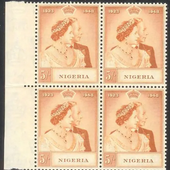 1948 Silver Wedding in marginal MUH blocks of 4. ...